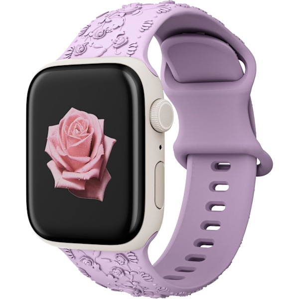 Kaiverrettu ranneke Apple Watch -hihnoille iwatch-hihna naisille, pehmeä silikoninen ruusun kukkakuvioinen hihna iWatch-sarjan hihnalle Lavender Purple/Light Blue 42/44/45mm