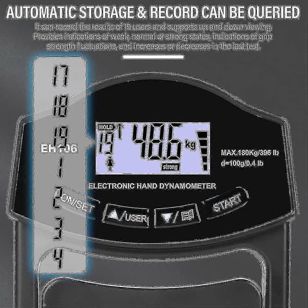 Grip Strength Tester, 396lbs/180kg Digital Hånd Dynamometer Grip Strength Meter Usb LCD Skjerm Hånd