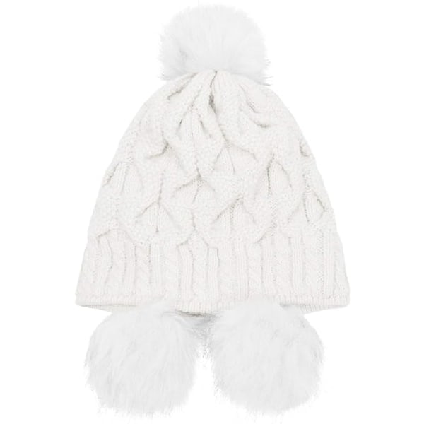 Vinterhue til kvinder, strikket med pompon, vindtætte øreklapper White