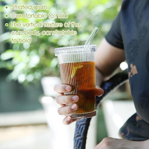 2 st 375 ml Ribbade Glaskoppar, Kalla Kaffe Koppar med Lock och Sugrör Dricksglas Set