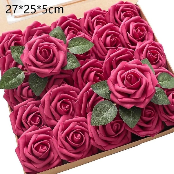 Konstgjorda Blommor 25st Falska Rosor med Stjälkar och 2 Blad för DIY Bröllopsbuketter Festdekoration rose Red