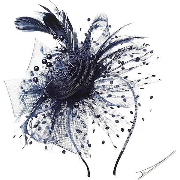 Nätfjäder Fascinator Blomma Hårclips Fascinator Hatt Brud Huvudbonad Bröllop Kyrka Te Party Derby Hattar Race Hattar Dark Blue