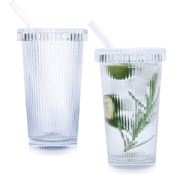 2 st 375 ml Ribbade Glaskoppar, Kalla Kaffe Koppar med Lock och Sugrör Dricksglas Set