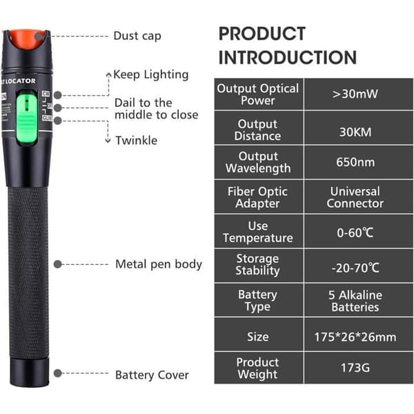 Fiberoptisk testpen - 30MW metallisk rød lyspen (original model)