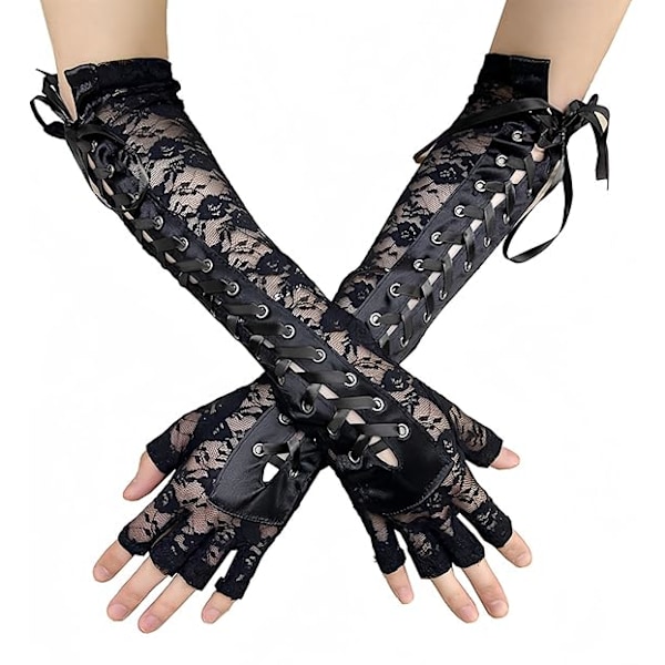 1 Par Lace Up Steampunk Handsker Fingerløse Brudeblonder Handsker Sorte Albuen Steampunk Handsker til Halloween Cosplay Fest