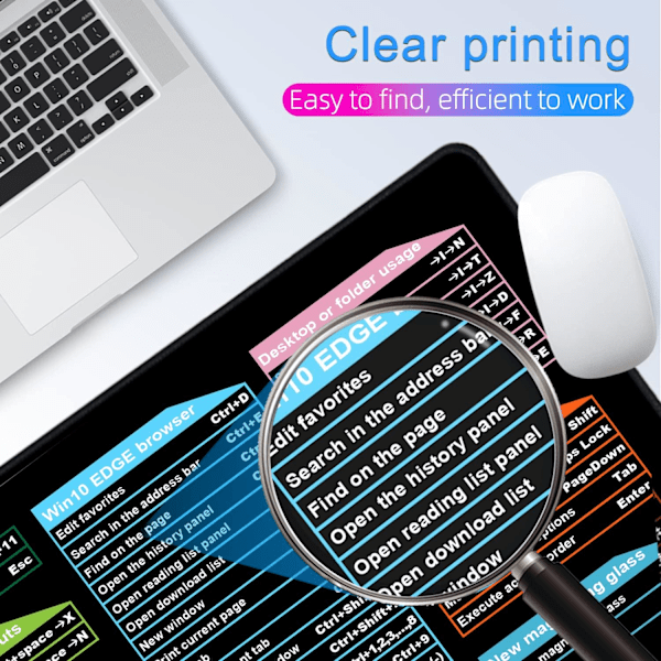 Stor Gaming Mousepad, Lang XXL Mousepad, Kontor Shortcut Mousepad, Udvidet Computer Mousepad/Skrivebordsmatte med Syet Kant til Gamer, Kontor, Hjem Office Shortcuts A 800x300mm