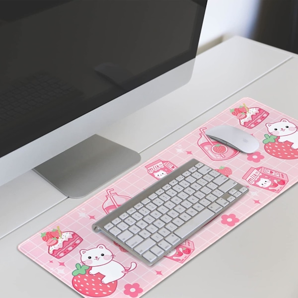 Kawaii Gaming Mousepad til Skrivebord, Udvidet Stor Kat Jordbær Mælk Mousepad, Pink Mousepad XL, Sød Mousepad Anime