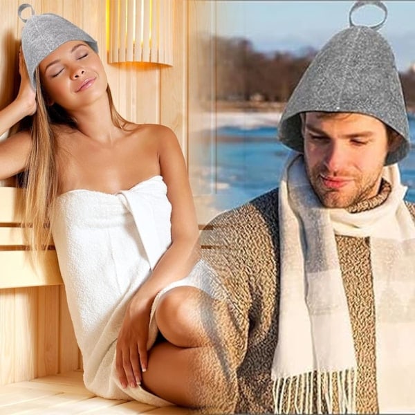2 stk. Saunahatte, Original Uld, Komfortabel og Åndbar til Sauna, 100% Naturlig Filt Sauna Tilbehør (Grå og Hvid)