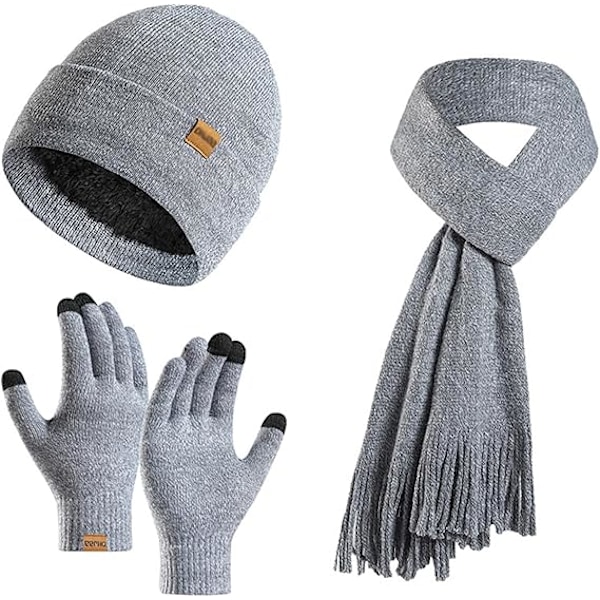 Vinter Unisex Beanie Hatt, Skjerf og Hansker Sett, Elastisk Strikket Hatt Langt Skjerf Berøringsskjermhansker Med Tykk Fleece Innerfôr for Menn og Kvinner Grey