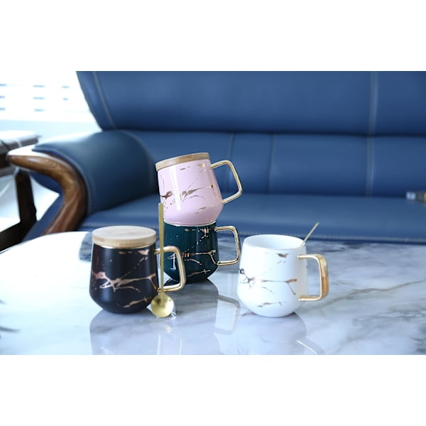 Porcelæn Te Kop Kaffe Kande Sæt til Eftermiddagste - Marmor Mønster (Sort, Kort 300ml + Træ Underkop)