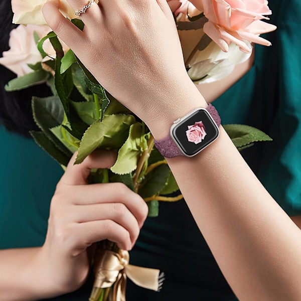 Gravert Rem for Apple Watch-reimer, iwatch-reim Kvinner, Myk Silikon Rose Blomstermønster Bånd for iWatch Series-reim Cherry/Brown 38/40/41mm