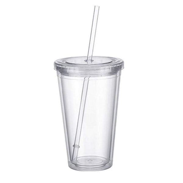 Dubbelväggig plastkopp med lock och sugrör, isolerad kaffekopp, 500 ml, transparent