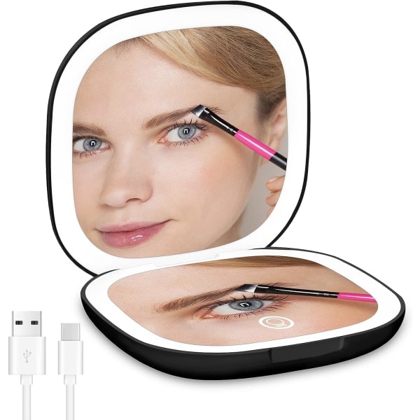 Kompakt Spejl med 1X/10X Forstørrelse, Bærbart Lommespejl, Makeup Spejl med 2-Sidet LED Lys, USB-C Genopladeligt Rejsespejl (Sort)