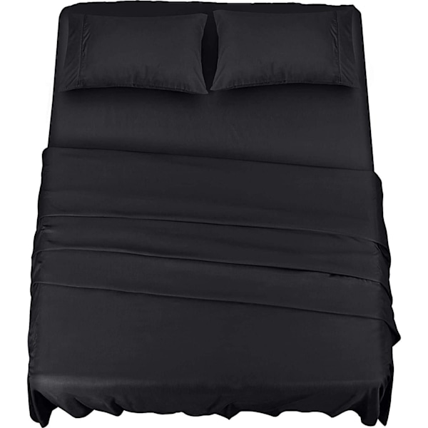 4-delt sengesett 150x200 - Børstet mikrofiberpolyester - Laken, overflate og 2 putetrekk (Svart)