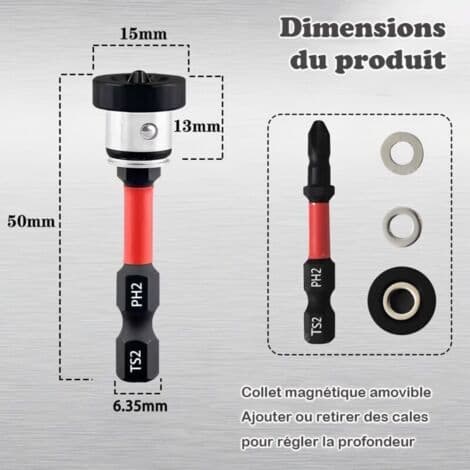 Sæt med 2 1/4\" magnetiske PH2 bits til gipsplader - Positioneringsskruetrækkerbit til gips og gipsvæg - 50 mm