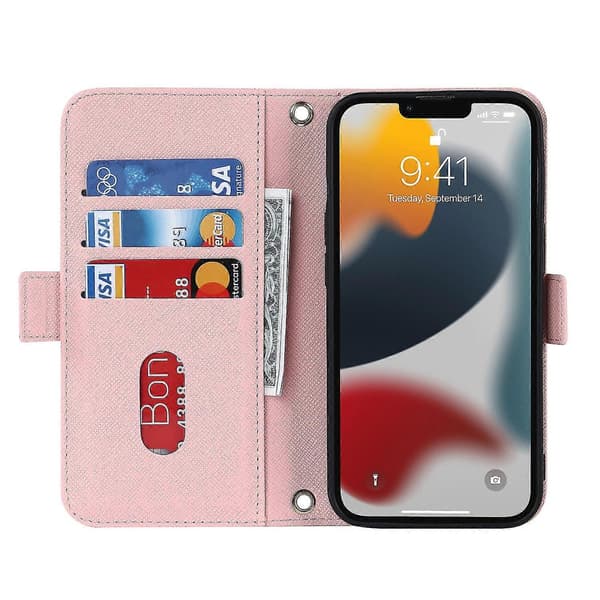 Lanyard Lærveske for iPhone 13 Pro Max Pink