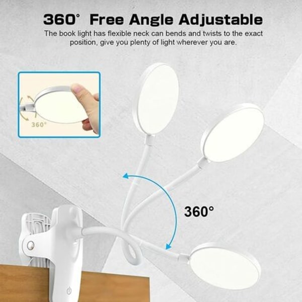 LED-pöytälamppu, lukulamppu, 3 väriä ja 3 himmennettävää, 20 LED-kiinnikkeellinen lukulamppu 360° joustava, 2500mAh kiinnikkeellinen lamppu