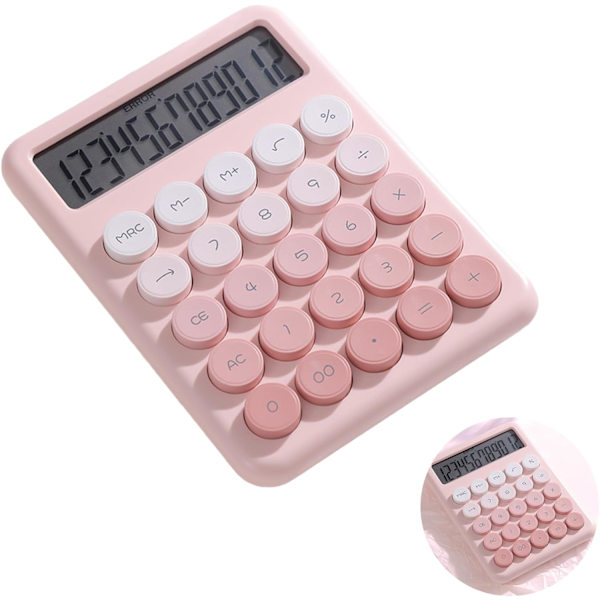 Mekanisk lommeregner, 12-cifret stor LCD-skærm og store runde knapper med gradientfarve, skrivebordslommeregner, 15° skrå skærm, elektronisk lommeregner Pink