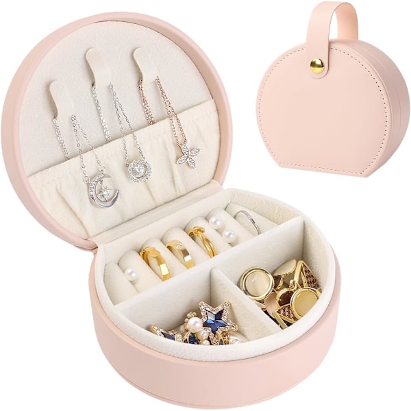 Mini Smyckeskrin Organiser, Resesmyckeskrin för Kvinnor Liten PU-Läder Smyckesförvaringsväska med Blixtlås Bärbar Smyckesgåvoask Bright Pink