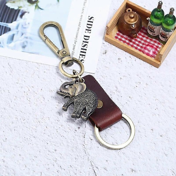 3D Stereoskopisk Mini Retro Punk Koskind Strikket Nøglering Læder Nøglering Bil Metal Dekoration Smykker Elefant Vedhæng Gave Brown