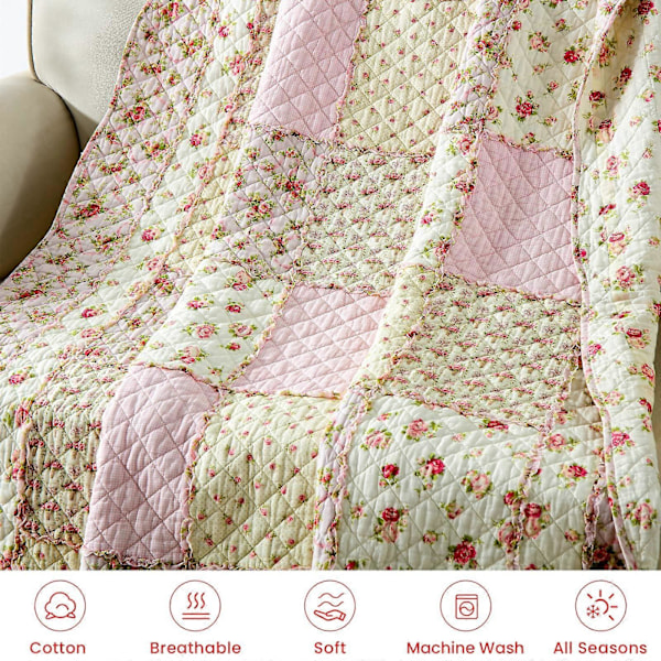 Lappeteppe sengeteppe for enkeltseng, bomulls lappeteppe, rosa for jenter, vattert sofateppe, sengeteppe, 150 x 200 cm med blomstermønster