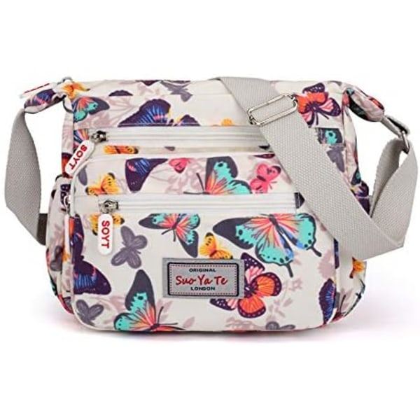 Dam Multi-Ficka Casual Crossbody Handväskor Vattentät Nylon Axelväskor (Fjäril-Vit)
