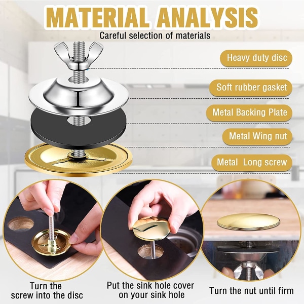 2 Tommers Kjøkkenvask Hulldeksel Kranhulldeksel Rustfritt Stål Kjøkkenvask Kranhullplate Stopperdeksel Blanking Metallplugg (Lys Gull)