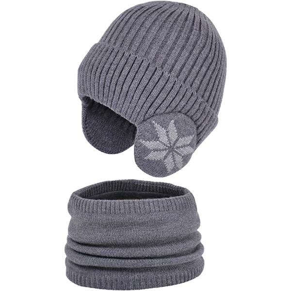Vintermössa och halsdukssats för barn | Stickad halsduk och mössa för utomhussporter - Snöflingemönster Elastisk förtjockning Utomhussporter Mössa och halsdukssats Dark Gray