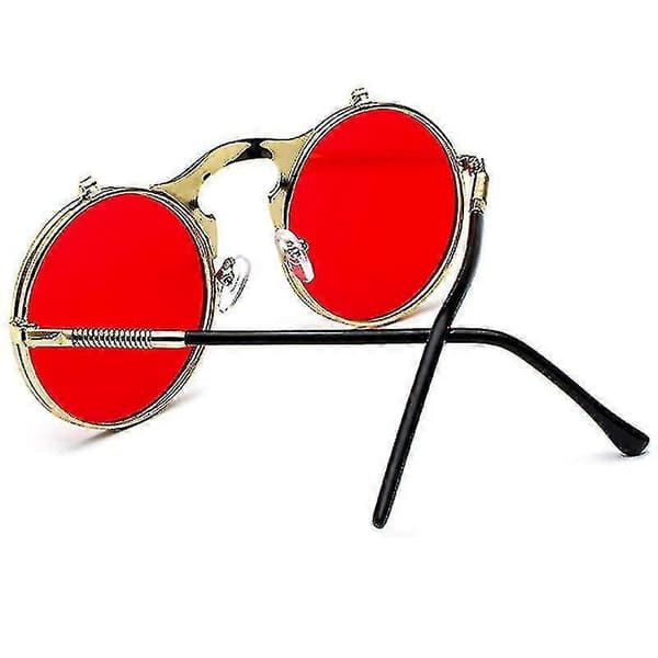 Solbriller for menn og kvinner, flip-up linser, runde briller Gold Frame Red Lenses