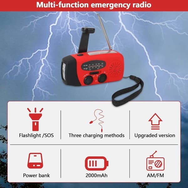 Nødradio med solcellepanel, sveiv og solcelle, 3 ladetyper - USB-C/sveiv/solcelle - 2000 mAh sveivradio med SOS-lampe