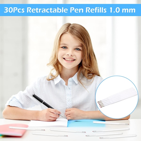 30 stk. Blækpen-efterfyldninger, udskiftelige kuglepen-efterfyldninger med glat skriftkuglepen-efterfyldninger 1 mm indtrækkelige pen-efterfyldninger til kuglepenne 1mm blue refill 30Pcs