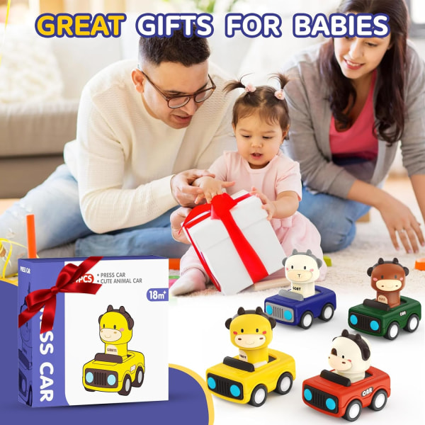 Billeksaker för pojkar och flickor över 1 år, Baby Animal Racing Cars, Baby Play Vehicle Set, Baby Press and Go Car Toys, 1:a födelsedagspresenter för pojkar och flickor