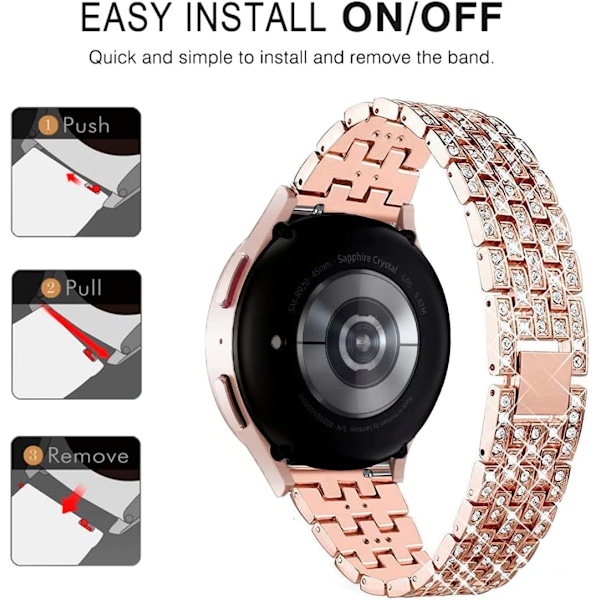 Remm med kompatibilitet for Samsung Galaxy Watch 7/6/5/4 20mm Bling Diamond Metallutskiftningsreimer for kvinner og menn Rose gold