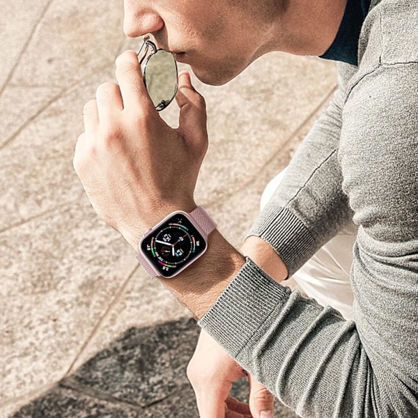 Opgraderet Rem Kompatibel med Apple Watch Remme Kvinder Mænd, Dobbelt Magnetisk Justerbar Udskiftningsrem til iWatch Serie Mode Metal Rem Rose pink 42/44/45/49mm