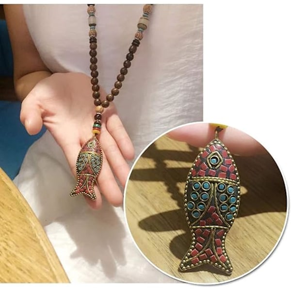 Boho Puuhelmet Riipus Kaulakoru Boheemi Vintage Etninen Kala Riipus Villapaita Ketju Kaulakorut Naisille