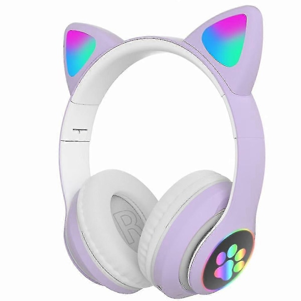 Hodetelefoner med katteører, trådløse hodetelefoner med LED-lys, Bluetooth-hodetelefoner Purple