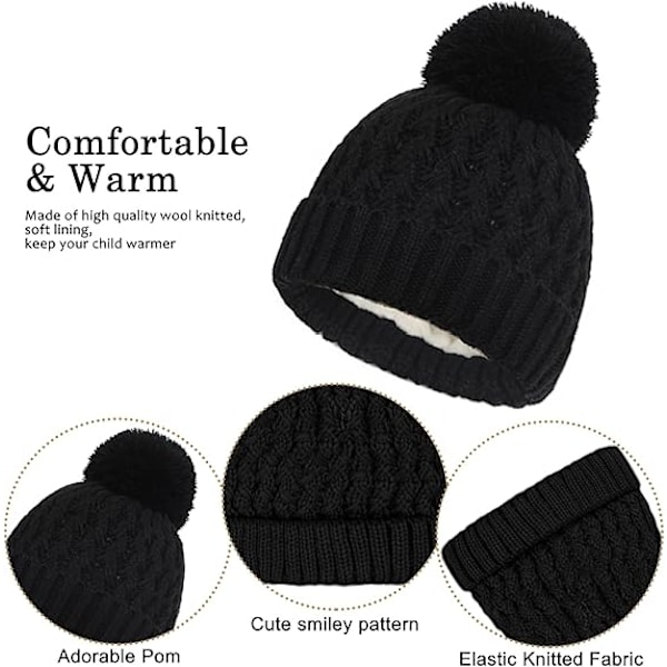 Vintermössa, Halsduk och Vantar Set för Barn, 3-Delar Stickad Varm Crochet Tjock Fluffig Halsduk Pom Pom Mössa Två Fingrar Touch Screen Vantar Set Black