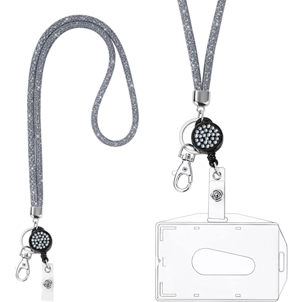 Korthållare med snöre, kristallsnöre med transparent ID-korthållare, snöre och brickhållare set, nyckelring brickhållare och nackband för nycklar Gray