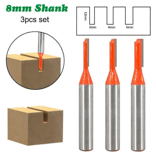 3 stk. 8 mm Skaft Rett Fresetappsett, Sporfresere Trebearbeiding Fresetapp 3 mm, 4 mm, 5 mm For Trebearbeiding Boring Og Utskjæring (3)