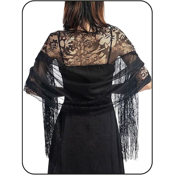 Spetsade Sjal och Wraps för Bröllop Fransade Pashmina Sjal för Aftonklänningar Lätt Brud Sjal Scarves för Kvinnor och Brud Black