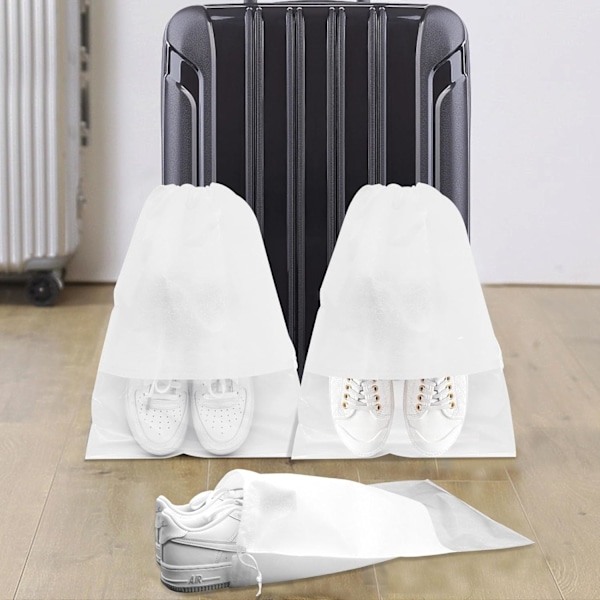 10 stk. Rejseskopose, Skoposer, Skoposer til Rejser, Snørepose af Non-Woven Materiale med Gennemsigtigt Vindue til Daglig og Rejsebrug White-c10