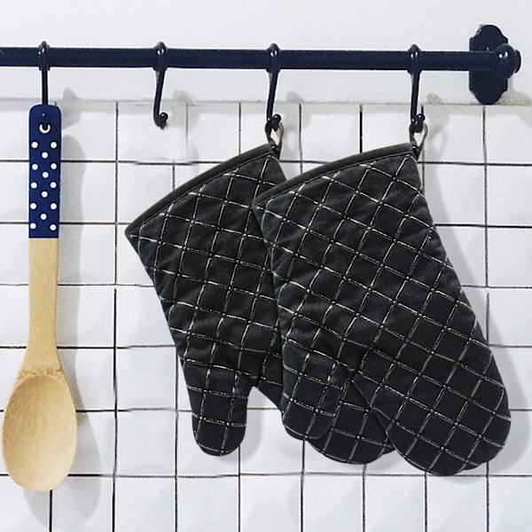 Ugnshandskar, värmebeständiga ugnshandskar i silikon, halkfria kökshandskar för grillning, matlagning, bakning, kök, mikrovågsugn, pizza (1 par) Black-01