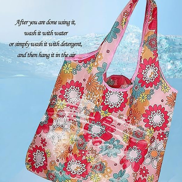 2 Genanvendelige Indkøbsposer, Miljøvenlige Flip Indkøbsposer, Blomster Pastoral Stil Håndtaske (Pink, Blå)