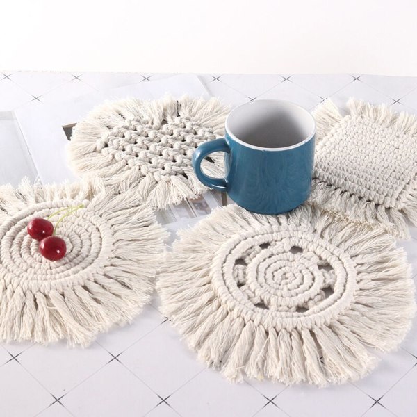 4 White Handmade Cotton Woven Coasters Thickened Tassel Insulation Pads Bohemian Table Dining Mat Square Round Heart Shaped Coasters,