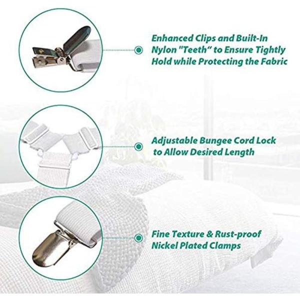 3 Klips Sengestøtte Sengelinned Fastgørere Madrasbetræk Klips Heavy Duty Sengelinned Elastiske Remme Justerbare 4 STK White 3 Clips