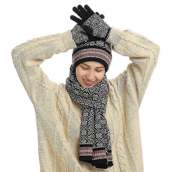 Vinter Ny Strikket Skjerf Varm Ull Lue Skjerf Hansker Tre Deler Beige