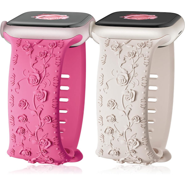 Gravert Rem for Apple Watch-reimer, iwatch-reim Kvinner, Myk Silikon Rose Blomstermønster Bånd for iWatch Series-reim Barbie Pink/Starlight 42/44/45mm