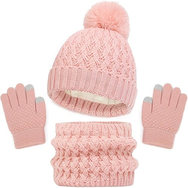 Vintermössa, Halsduk och Vantar Set för Barn, 3-Delar Stickad Varm Crochet Tjock Fluffig Halsduk Pom Pom Mössa Två Fingrar Touch Screen Vantar Set Pink