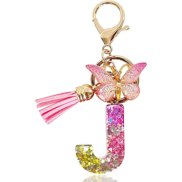 Alfabetet nøglering ringe Pink Cute nøglering med sommerfugl kvast vedhæng indledende bogstaver J
