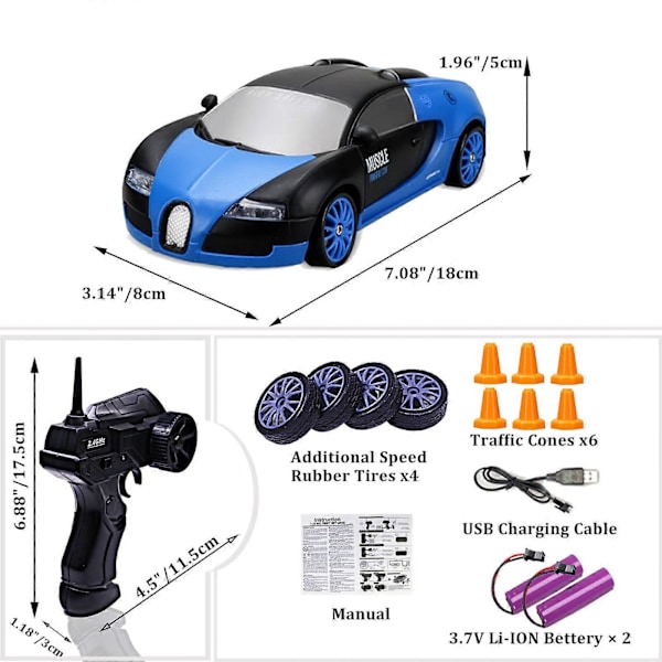 RC Driftbil, 15 km/t, ripebestandig, lett, oppladbar, lav friksjon, fjernstyrt bil Blue